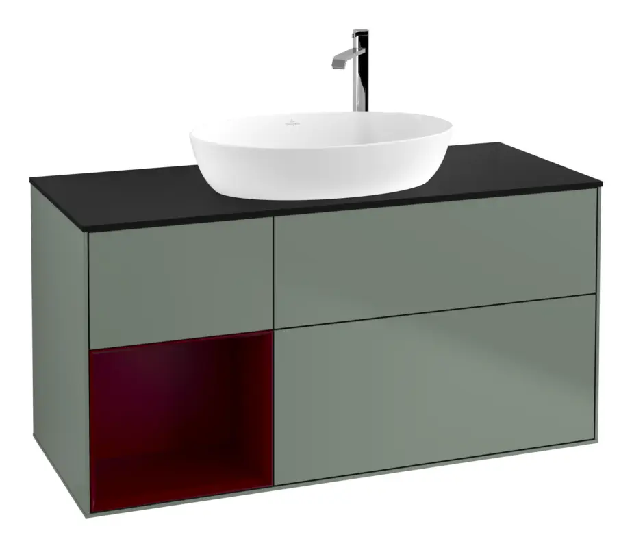 Heißes Angebot Villeroy & Boch Finion Waschbeckenunterschrank für Becken mittig Regal links für Artis / Collaro rund 3 Auszüge mit Beleuchtung (3x LED) mit Hahnloch 1200 x 603 x 501 mm - Olive Matt Lacquer / Peony Matt Lacquer / Glass Black Matt