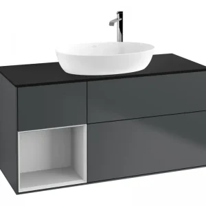 Aktuell Villeroy & Boch Finion Waschbeckenunterschrank für Becken mittig Regal links für Artis / Collaro rund 3 Auszüge mit Beleuchtung (3x LED) mit Hahnloch 1200 x 603 x 501 mm - Midnight Blue Matt Lacquer / White Matt Lacquer / Glass Black Matt