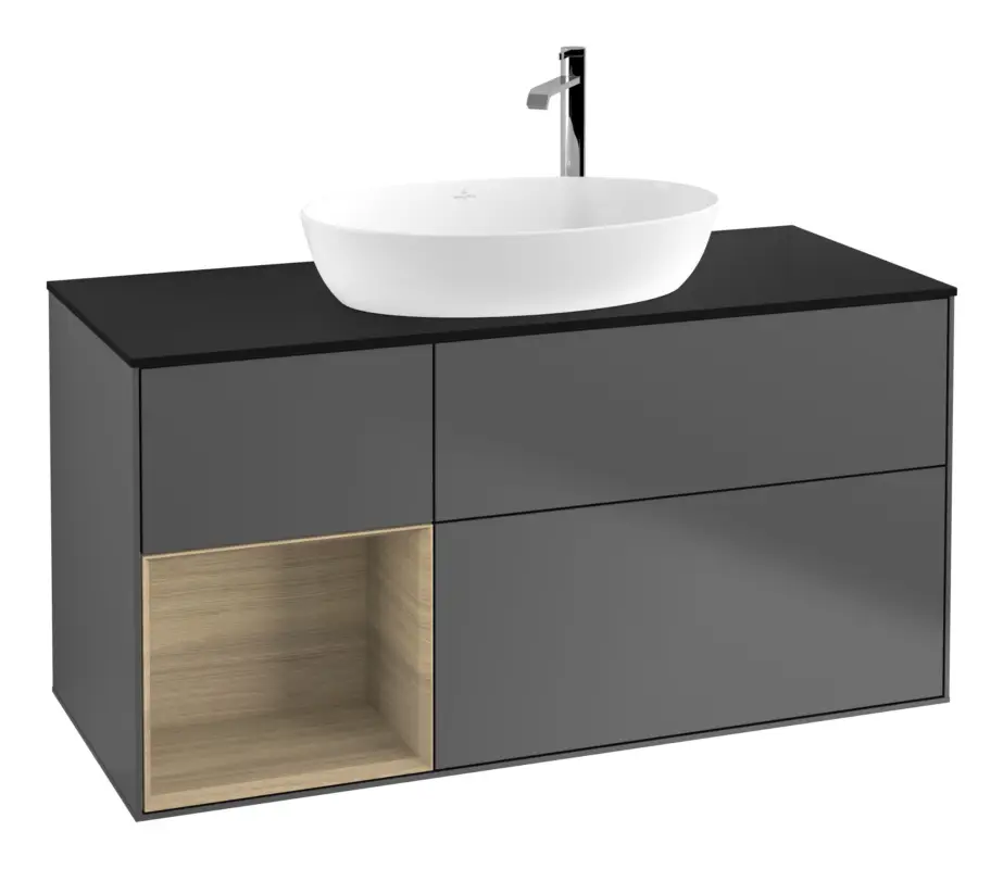 Villeroy & Boch Finion Waschbeckenunterschrank für Becken mittig Regal links für Artis / Collaro rund 3 Auszüge mit Beleuchtung (3x LED) mit Hahnloch 1200 x 603 x 501 mm - Anthracite Matt Lacquer / Oak Veneer / Glass Black Matt Online Kaufen