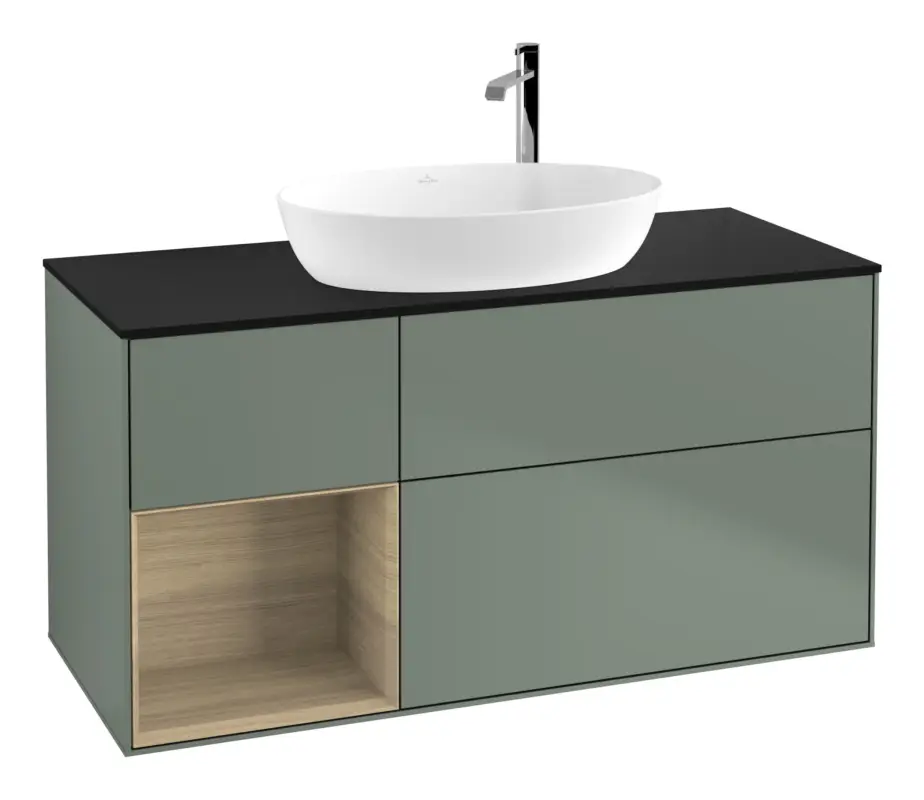 Villeroy & Boch Finion Waschbeckenunterschrank für Becken mittig Regal links für Artis / Collaro rund 3 Auszüge mit Beleuchtung (3x LED) mit Hahnloch 1200 x 603 x 501 mm - Olive Matt Lacquer / Oak Veneer / Glass Black Matt Sonderangebot