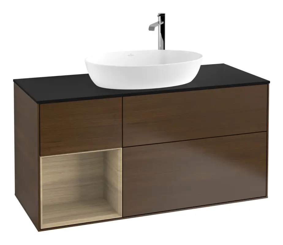 Knallerangebot Villeroy & Boch Finion Waschbeckenunterschrank für Becken mittig Regal links für Artis / Collaro rund 3 Auszüge mit Beleuchtung (3x LED) mit Hahnloch 1200 x 603 x 501 mm - Walnut Veneer / Oak Veneer / Glass Black Matt