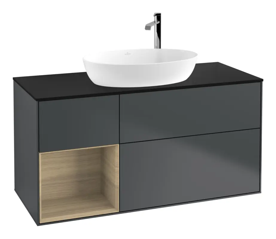 Top-Angebot Villeroy & Boch Finion Waschbeckenunterschrank für Becken mittig Regal links für Artis / Collaro rund 3 Auszüge mit Beleuchtung (3x LED) mit Hahnloch 1200 x 603 x 501 mm - Midnight Blue Matt Lacquer / Oak Veneer / Glass Black Matt