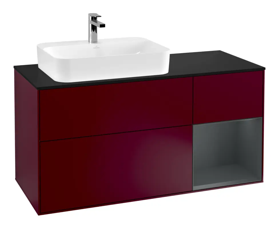 Rabatt Villeroy & Boch Finion Waschbeckenunterschrank für Aufsatzwaschbecken links Regal rechts für Finion / Memento 2.0 3 Auszüge mit Beleuchtung (1x LED) 1200 x 603 x 501 mm - Peony Matt Lacquer / Midnight Blue Matt Lacquer / Glass Black Matt
