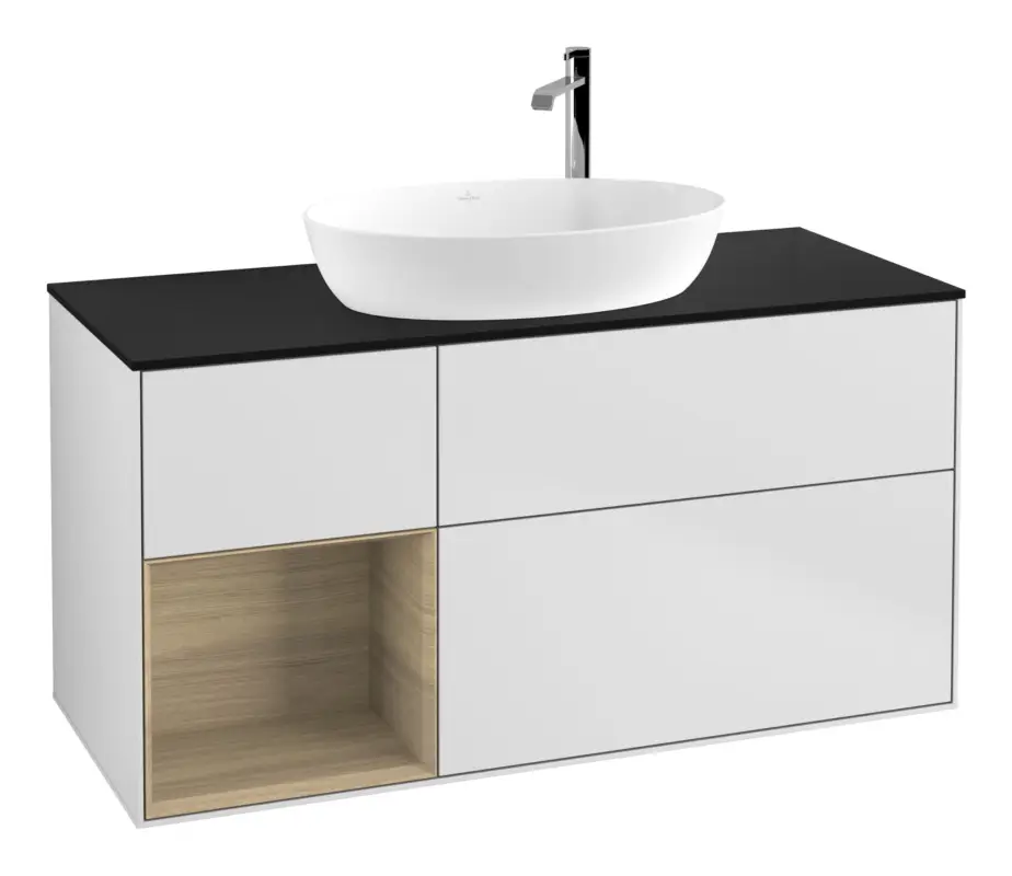 Villeroy & Boch Finion Waschbeckenunterschrank für Becken mittig Regal links für Artis / Collaro rund 3 Auszüge mit Beleuchtung (3x LED) mit Hahnloch 1200 x 603 x 501 mm - White Matt Lacquer / Oak Veneer / Glass Black Matt Top-Angebot