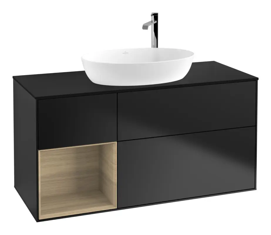 Jetzt Bestellen Villeroy & Boch Finion Waschbeckenunterschrank für Becken mittig Regal links für Artis / Collaro rund 3 Auszüge mit Beleuchtung (3x LED) mit Hahnloch 1200 x 603 x 501 mm - Black Matt Lacquer / Oak Veneer / Glass Black Matt