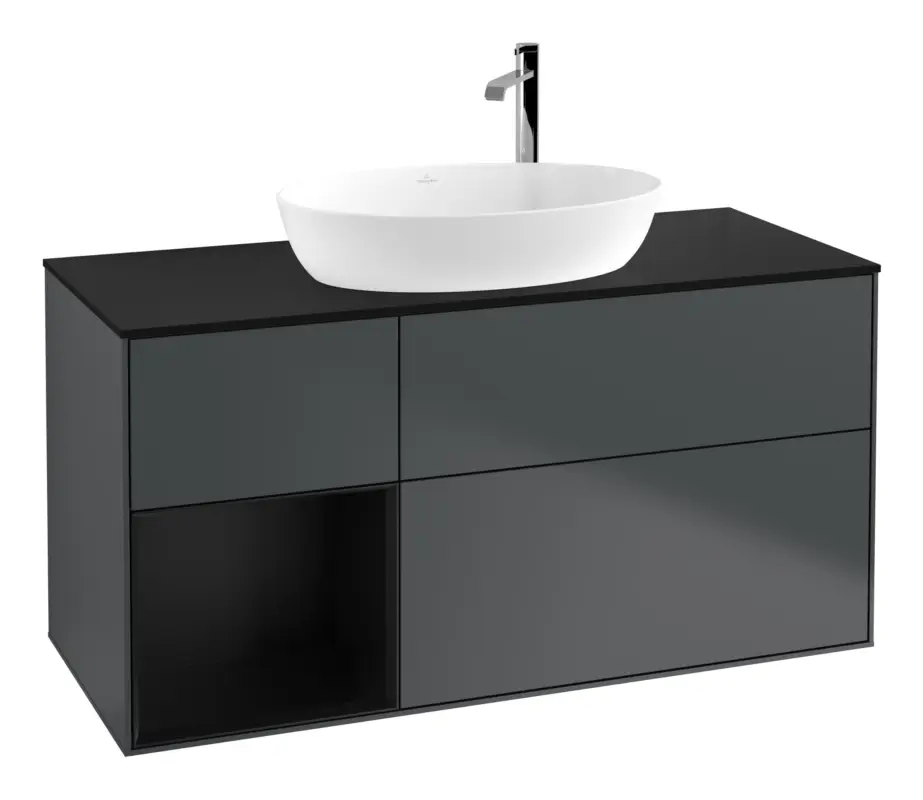 Saisonangebot Villeroy & Boch Finion Waschbeckenunterschrank für Becken mittig Regal links für Artis / Collaro rund 3 Auszüge mit Beleuchtung (3x LED) mit Hahnloch 1200 x 603 x 501 mm - Midnight Blue Matt Lacquer / Black Matt Lacquer / Glass Black Matt