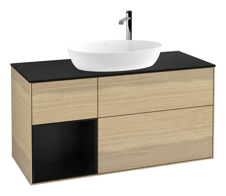 Super-Preis Villeroy & Boch Finion Waschbeckenunterschrank für Becken mittig Regal links für Artis / Collaro rund 3 Auszüge mit Beleuchtung (3x LED) mit Hahnloch 1200 x 603 x 501 mm - Oak Veneer / Black Matt Lacquer / Glass Black Matt