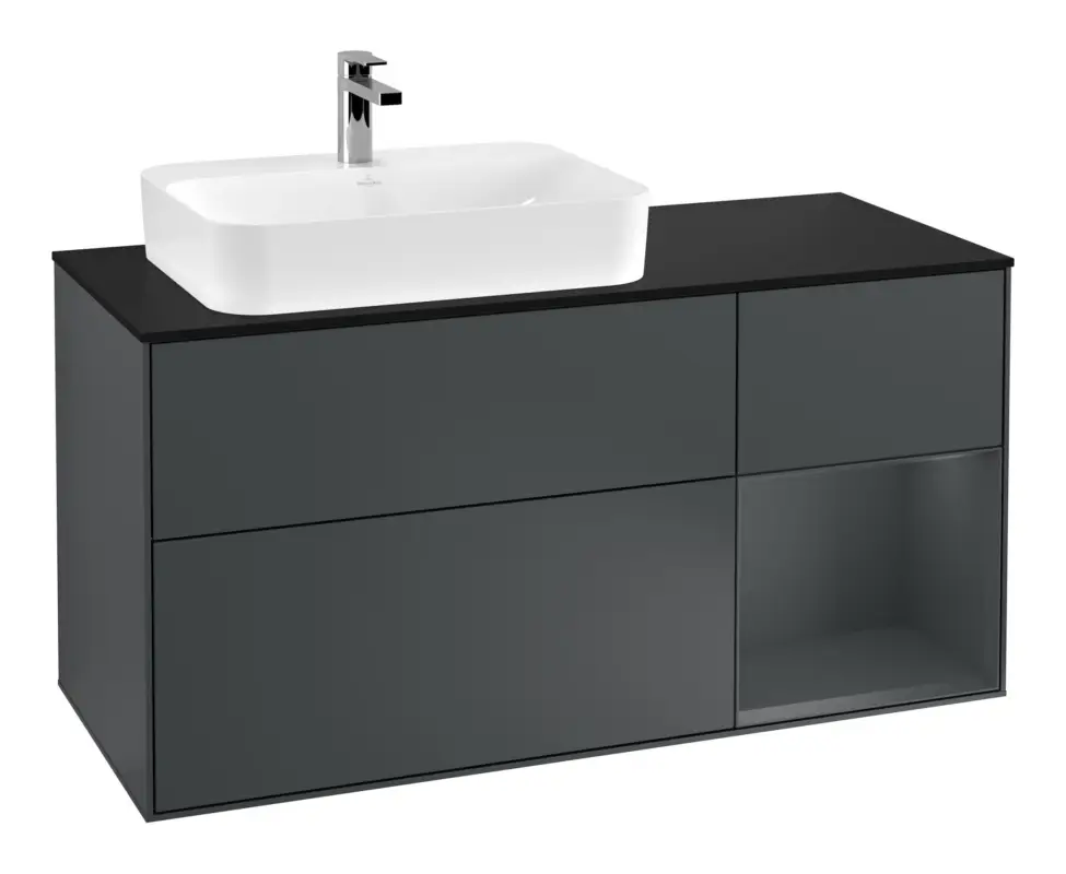 Expressversand Villeroy & Boch Finion Waschbeckenunterschrank für Aufsatzwaschbecken links Regal rechts für Finion / Memento 2.0 3 Auszüge mit Beleuchtung (1x LED) 1200 x 603 x 501 mm - Midnight Blue Matt Lacquer / Glass Black Matt