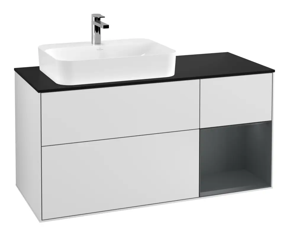 Neuheit Villeroy & Boch Finion Waschbeckenunterschrank für Aufsatzwaschbecken links Regal rechts für Finion / Memento 2.0 3 Auszüge mit Beleuchtung (1x LED) 1200 x 603 x 501 mm - White Matt Lacquer / Midnight Blue Matt Lacquer / Glass Black Matt