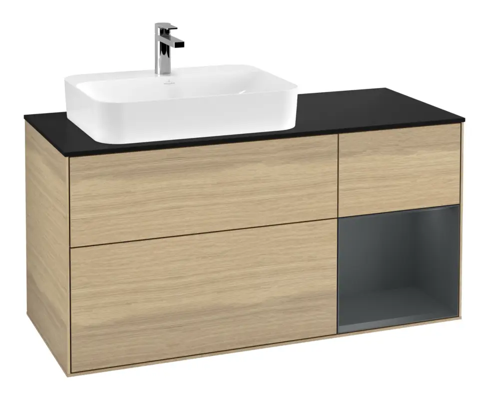 Villeroy & Boch Finion Waschbeckenunterschrank für Aufsatzwaschbecken links Regal rechts für Finion / Memento 2.0 3 Auszüge mit Beleuchtung (1x LED) 1200 x 603 x 501 mm - Oak Veneer / Midnight Blue Matt Lacquer / Glass Black Matt Begrenztes Angebot