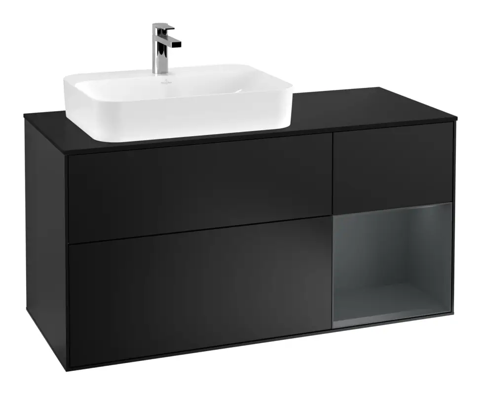 Expressversand Villeroy & Boch Finion Waschbeckenunterschrank für Aufsatzwaschbecken links Regal rechts für Finion / Memento 2.0 3 Auszüge mit Beleuchtung (1x LED) 1200 x 603 x 501 mm - Black Matt Lacquer / Midnight Blue Matt Lacquer / Glass Black Matt