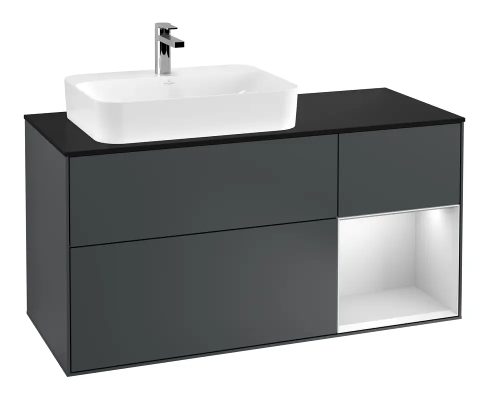 Angebot Villeroy & Boch Finion Waschbeckenunterschrank für Aufsatzwaschbecken links Regal rechts für Finion / Memento 2.0 3 Auszüge mit Beleuchtung (1x LED) 1200 x 603 x 501 mm - Midnight Blue Matt Lacquer / White Matt Lacquer / Glass Black Matt