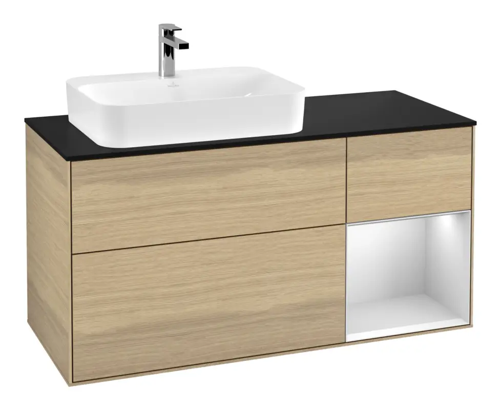 Villeroy & Boch Finion Waschbeckenunterschrank für Aufsatzwaschbecken links Regal rechts für Finion / Memento 2.0 3 Auszüge mit Beleuchtung (1x LED) 1200 x 603 x 501 mm - Oak Veneer / White Matt Lacquer / Glass Black Matt Sonderaktion