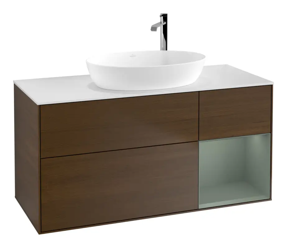 Schneller Versand Villeroy & Boch Finion Waschbeckenunterschrank für Becken mittig Regal rechts für Artis / Collaro rund 3 Auszüge mit Beleuchtung (3x LED) mit Hahnloch 1200 x 603 x 501 mm - Walnut Veneer / Olive Matt Lacquer / Glass White Matt