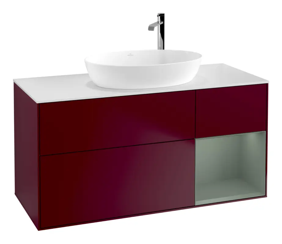 Villeroy & Boch Finion Waschbeckenunterschrank für Becken mittig Regal rechts für Artis / Collaro rund 3 Auszüge mit Beleuchtung (3x LED) mit Hahnloch 1200 x 603 x 501 mm - Peony Matt Lacquer / Olive Matt Lacquer / Glass White Matt Direktkauf