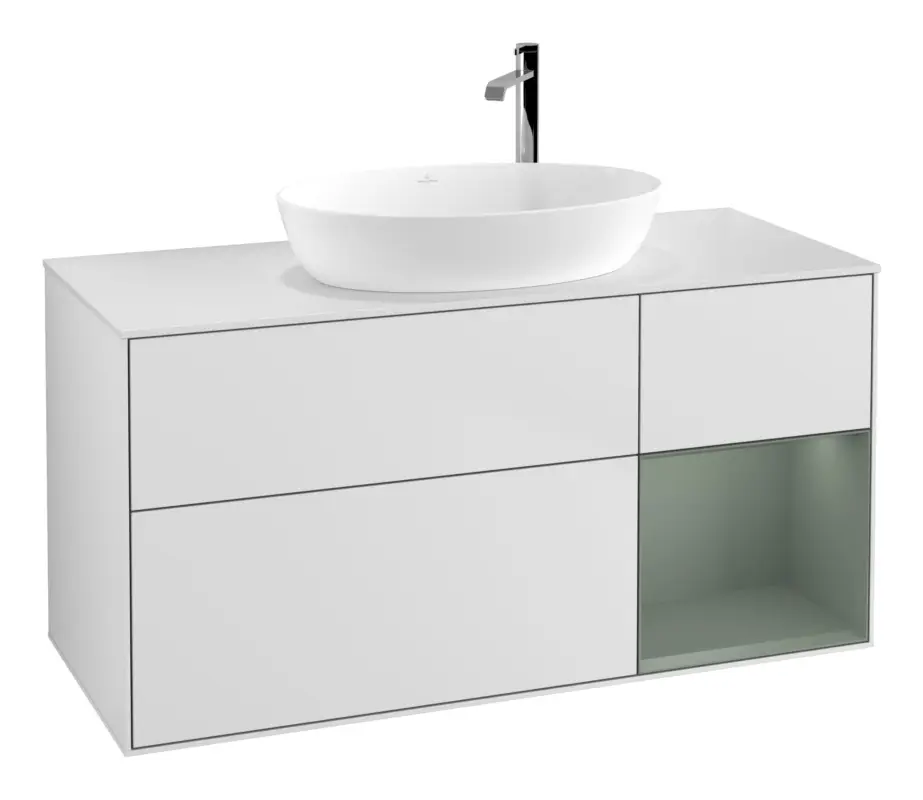 Villeroy & Boch Finion Waschbeckenunterschrank für Becken mittig Regal rechts für Artis / Collaro rund 3 Auszüge mit Beleuchtung (3x LED) mit Hahnloch 1200 x 603 x 501 mm - White Matt Lacquer / Olive Matt Lacquer / Glass White Matt Versand Am Gleichen Tag