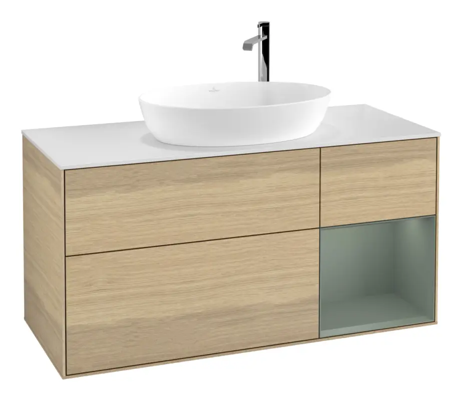 Nur Für Kurze Zeit Villeroy & Boch Finion Waschbeckenunterschrank für Becken mittig Regal rechts für Artis / Collaro rund 3 Auszüge mit Beleuchtung (3x LED) mit Hahnloch 1200 x 603 x 501 mm - Oak Veneer / Olive Matt Lacquer / Glass White Matt