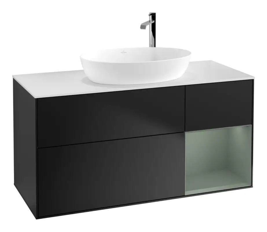 Billig Villeroy & Boch Finion Waschbeckenunterschrank für Becken mittig Regal rechts für Artis / Collaro rund 3 Auszüge mit Beleuchtung (3x LED) mit Hahnloch 1200 x 603 x 501 mm - Black Matt Lacquer / Olive Matt Lacquer / Glass White Matt