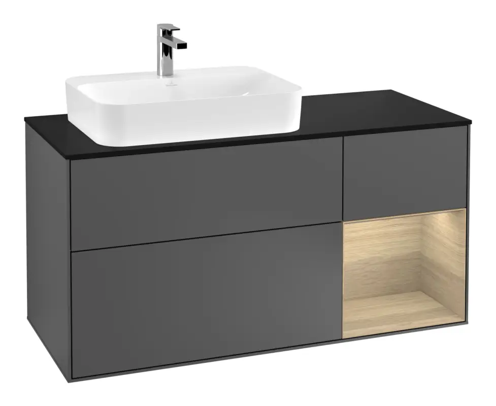 Villeroy & Boch Finion Waschbeckenunterschrank für Aufsatzwaschbecken links Regal rechts für Finion / Memento 2.0 3 Auszüge mit Beleuchtung (1x LED) 1200 x 603 x 501 mm - Anthracite Matt Lacquer / Oak Veneer / Glass Black Matt Top-Angebot