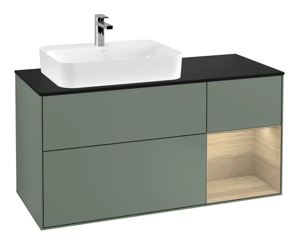 Günstig Villeroy & Boch Finion Waschbeckenunterschrank für Aufsatzwaschbecken links Regal rechts für Finion / Memento 2.0 3 Auszüge mit Beleuchtung (1x LED) 1200 x 603 x 501 mm - Olive Matt Lacquer / Oak Veneer / Glass Black Matt