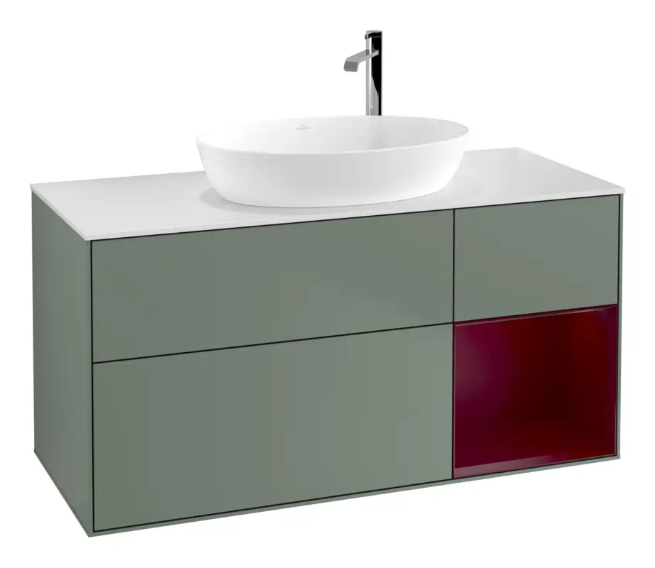 Direkt Vom Hersteller Villeroy & Boch Finion Waschbeckenunterschrank für Becken mittig Regal rechts für Artis / Collaro rund 3 Auszüge mit Beleuchtung (3x LED) mit Hahnloch 1200 x 603 x 501 mm - Olive Matt Lacquer / Peony Matt Lacquer / Glass White Matt