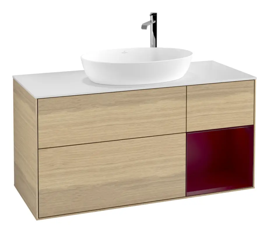 Villeroy & Boch Finion Waschbeckenunterschrank für Becken mittig Regal rechts für Artis / Collaro rund 3 Auszüge mit Beleuchtung (3x LED) mit Hahnloch 1200 x 603 x 501 mm - Oak Veneer / Peony Matt Lacquer / Glass White Matt Zertifiziert