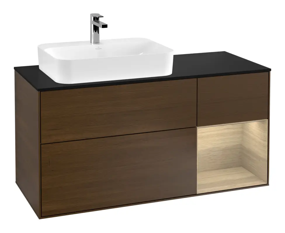 Sofort Bestellen Villeroy & Boch Finion Waschbeckenunterschrank für Aufsatzwaschbecken links Regal rechts für Finion / Memento 2.0 3 Auszüge mit Beleuchtung (1x LED) 1200 x 603 x 501 mm - Walnut Veneer / Oak Veneer / Glass Black Matt
