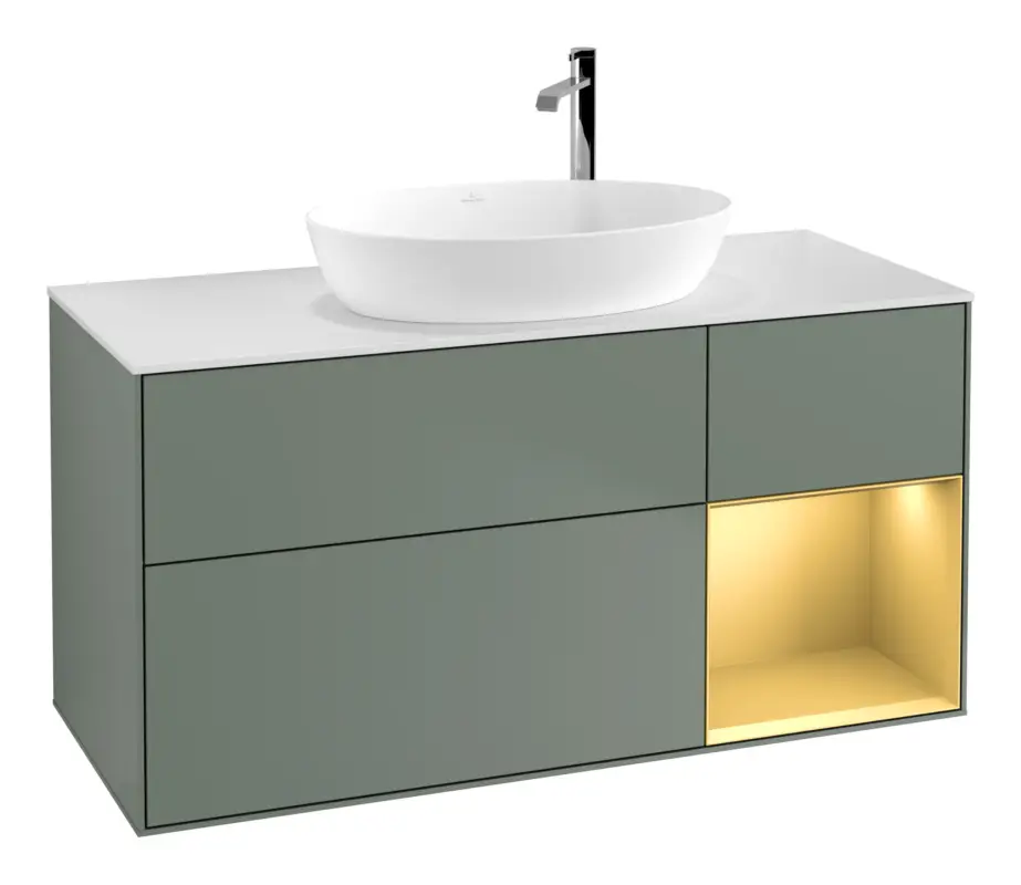 Villeroy & Boch Finion Waschbeckenunterschrank für Becken mittig Regal rechts für Artis / Collaro rund 3 Auszüge mit Beleuchtung (3x LED) mit Hahnloch 1200 x 603 x 501 mm - Olive Matt Lacquer / Gold Matt Lacquer / Glass White Matt Neu Im Sortiment