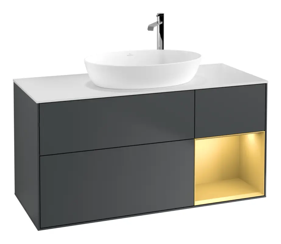 Villeroy & Boch Finion Waschbeckenunterschrank für Becken mittig Regal rechts für Artis / Collaro rund 3 Auszüge mit Beleuchtung (3x LED) mit Hahnloch 1200 x 603 x 501 mm - Midnight Blue Matt Lacquer / Gold Matt Lacquer / Glass White Matt Bestpreis