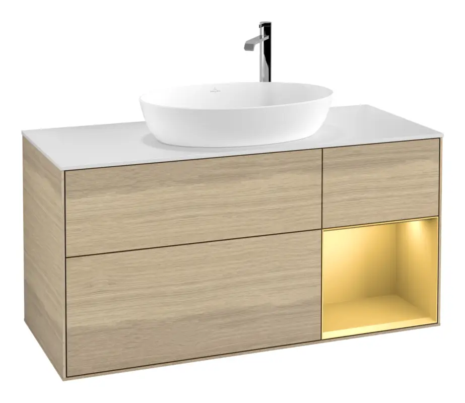 Villeroy & Boch Finion Waschbeckenunterschrank für Becken mittig Regal rechts für Artis / Collaro rund 3 Auszüge mit Beleuchtung (3x LED) mit Hahnloch 1200 x 603 x 501 mm - Oak Veneer / Gold Matt Lacquer / Glass White Matt Direktkauf
