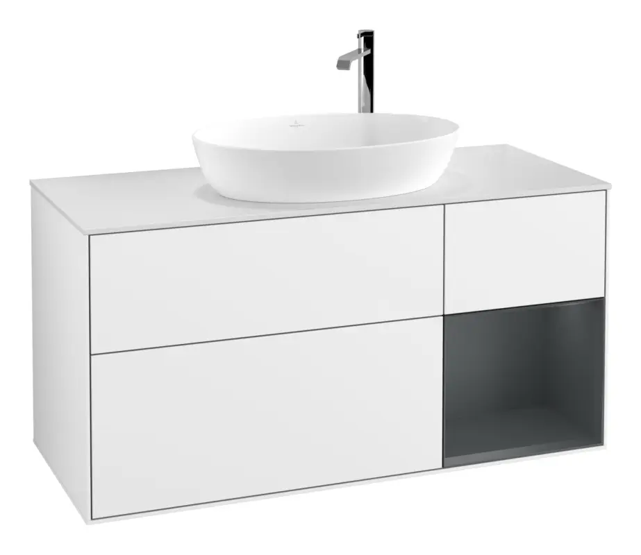 Villeroy & Boch Finion Waschbeckenunterschrank für Becken mittig Regal rechts für Artis / Collaro rund 3 Auszüge mit Beleuchtung (3x LED) mit Hahnloch 1200 x 603 x 501 mm - Glossy White Lacquer / Midnight Blue Matt Lacquer / Glass White Matt Aktuell