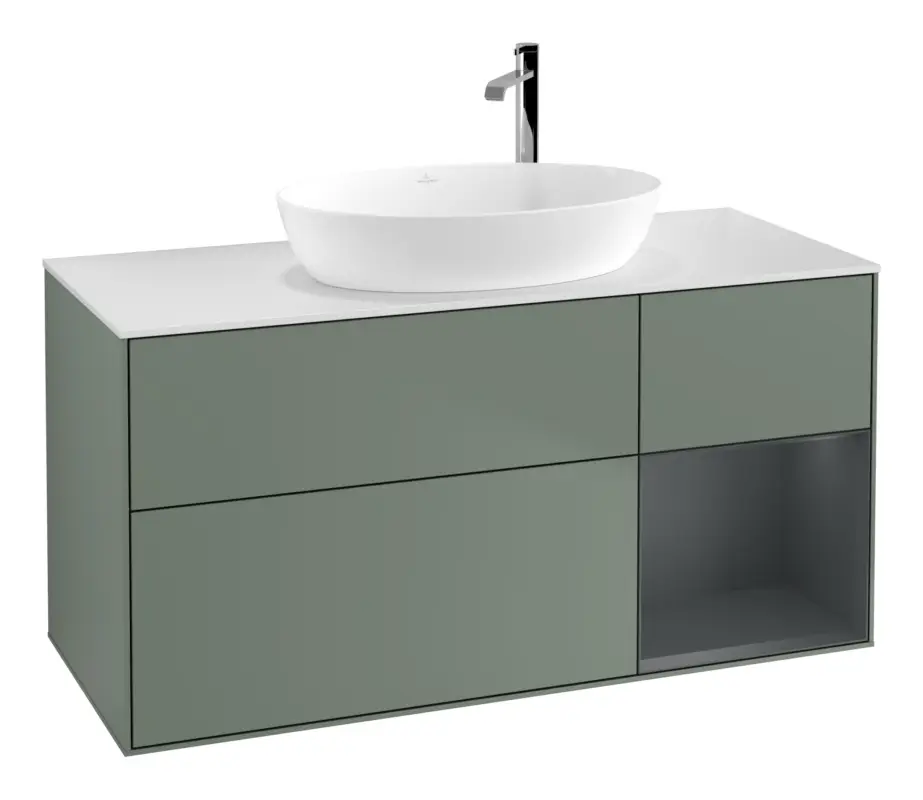 Villeroy & Boch Finion Waschbeckenunterschrank für Becken mittig Regal rechts für Artis / Collaro rund 3 Auszüge mit Beleuchtung (3x LED) mit Hahnloch 1200 x 603 x 501 mm - Olive Matt Lacquer / Midnight Blue Matt Lacquer / Glass White Matt Preis Gesenkt