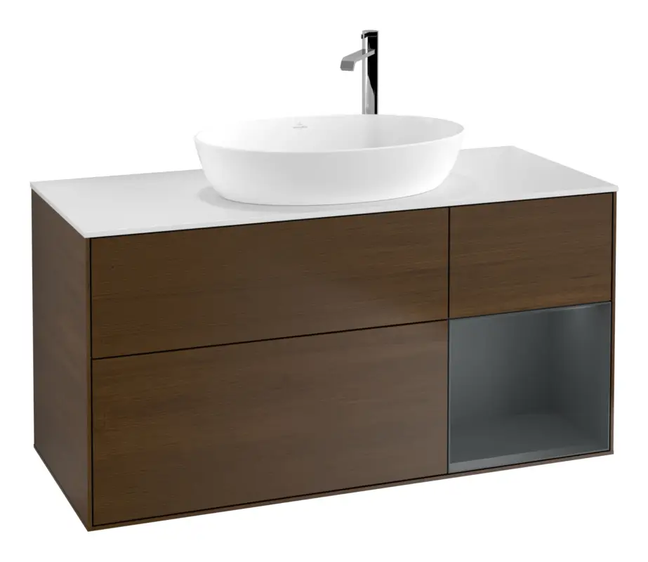 Villeroy & Boch Finion Waschbeckenunterschrank für Becken mittig Regal rechts für Artis / Collaro rund 3 Auszüge mit Beleuchtung (3x LED) mit Hahnloch 1200 x 603 x 501 mm - Walnut Veneer / Midnight Blue Matt Lacquer / Glass White Matt Direkt Vom Hersteller