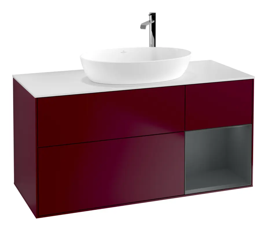 Direktkauf Villeroy & Boch Finion Waschbeckenunterschrank für Becken mittig Regal rechts für Artis / Collaro rund 3 Auszüge mit Beleuchtung (3x LED) mit Hahnloch 1200 x 603 x 501 mm - Peony Matt Lacquer / Midnight Blue Matt Lacquer / Glass White Matt