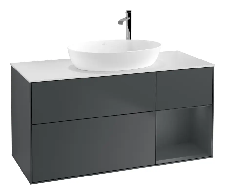 Villeroy & Boch Finion Waschbeckenunterschrank für Becken mittig Regal rechts für Artis / Collaro rund 3 Auszüge mit Beleuchtung (3x LED) mit Hahnloch 1200 x 603 x 501 mm - Midnight Blue Matt Lacquer / Glass White Matt Sonderaktion