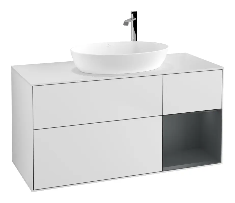 Zertifiziert Villeroy & Boch Finion Waschbeckenunterschrank für Becken mittig Regal rechts für Artis / Collaro rund 3 Auszüge mit Beleuchtung (3x LED) mit Hahnloch 1200 x 603 x 501 mm - White Matt Lacquer / Midnight Blue Matt Lacquer / Glass White Matt