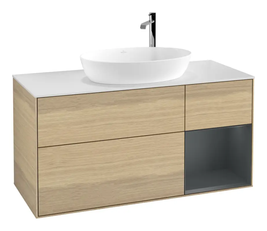 Top-Seller Villeroy & Boch Finion Waschbeckenunterschrank für Becken mittig Regal rechts für Artis / Collaro rund 3 Auszüge mit Beleuchtung (3x LED) mit Hahnloch 1200 x 603 x 501 mm - Oak Veneer / Midnight Blue Matt Lacquer / Glass White Matt