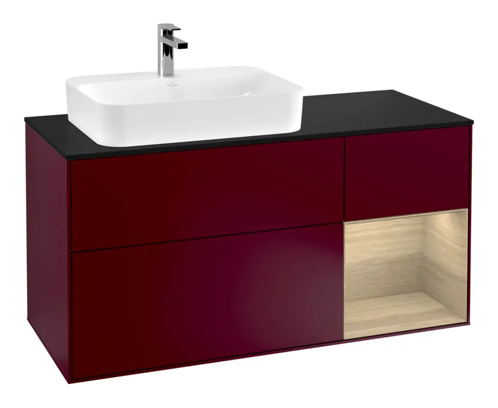 Sonderangebot Villeroy & Boch Finion Waschbeckenunterschrank für Aufsatzwaschbecken links Regal rechts für Finion / Memento 2.0 3 Auszüge mit Beleuchtung (1x LED) 1200 x 603 x 501 mm - Peony Matt Lacquer / Oak Veneer / Glass Black Matt