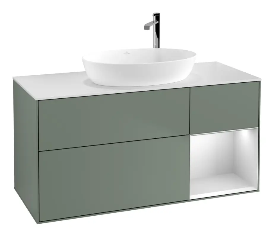 Villeroy & Boch Finion Waschbeckenunterschrank für Becken mittig Regal rechts für Artis / Collaro rund 3 Auszüge mit Beleuchtung (3x LED) mit Hahnloch 1200 x 603 x 501 mm - Olive Matt Lacquer / White Matt Lacquer / Glass White Matt Online Kaufen