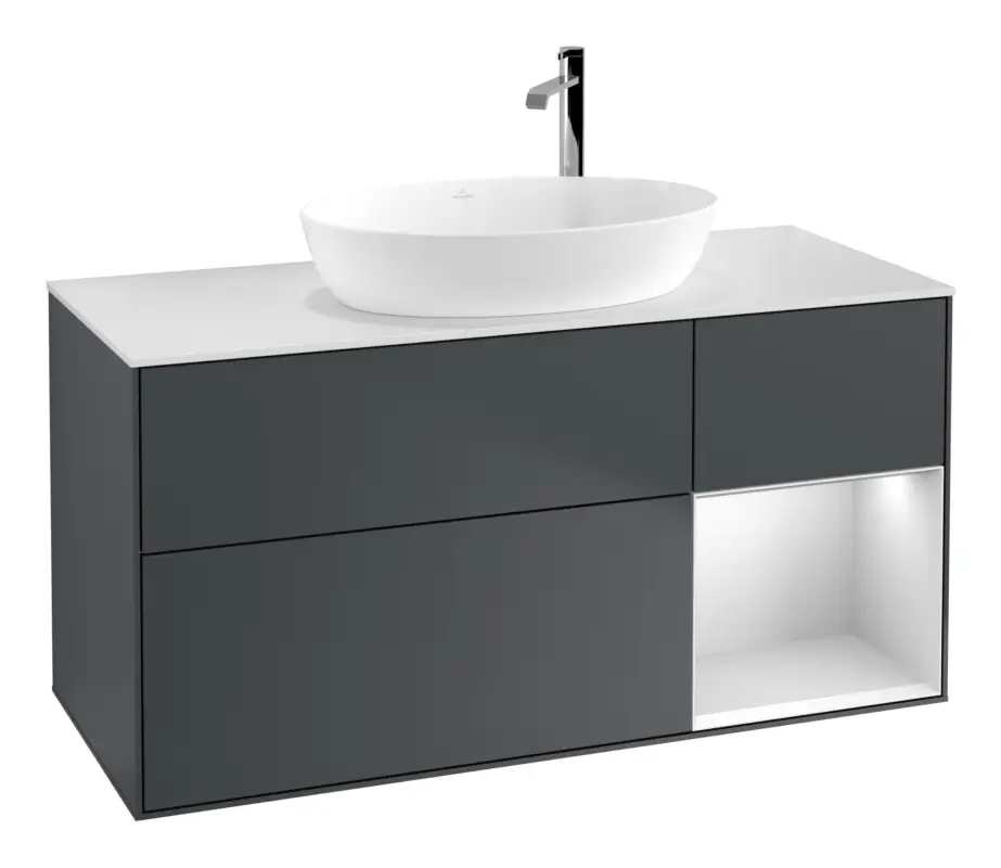 Villeroy & Boch Finion Waschbeckenunterschrank für Becken mittig Regal rechts für Artis / Collaro rund 3 Auszüge mit Beleuchtung (3x LED) mit Hahnloch 1200 x 603 x 501 mm - Midnight Blue Matt Lacquer / White Matt Lacquer / Glass White Matt Beliebt