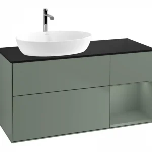 Abverkauf Villeroy & Boch Finion Waschbeckenunterschrank für Becken links Regal rechts für Artis / Collaro 3 Auszüge mit Beleuchtung (1x LED) ohne Hahnloch 1200 x 603 x 501 mm - Olive Matt Lacquer / Glass Black Matt