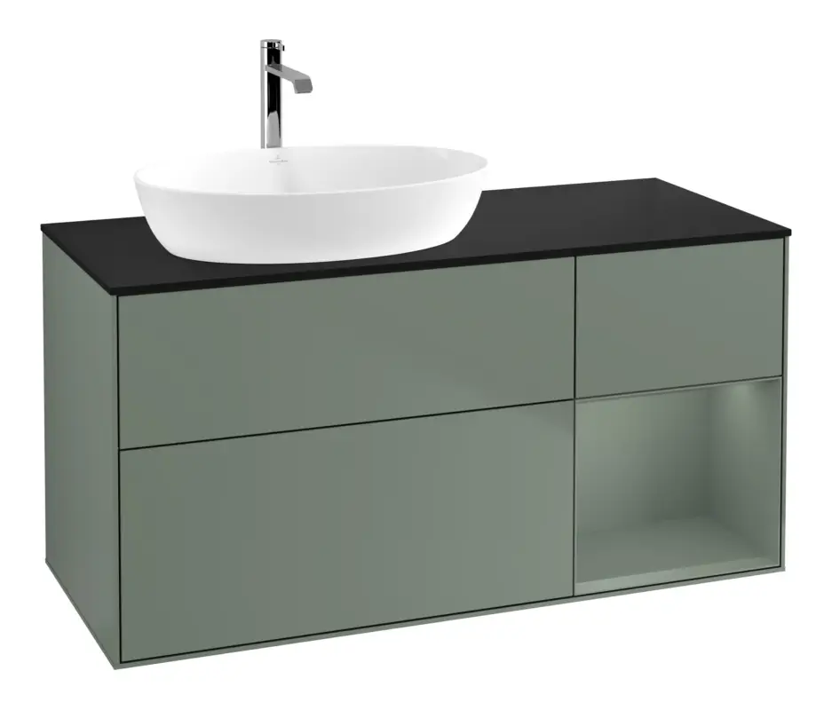 Abverkauf Villeroy & Boch Finion Waschbeckenunterschrank für Becken links Regal rechts für Artis / Collaro 3 Auszüge mit Beleuchtung (1x LED) ohne Hahnloch 1200 x 603 x 501 mm - Olive Matt Lacquer / Glass Black Matt