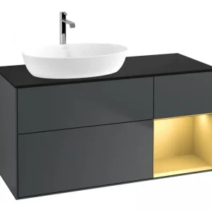 Abverkauf Villeroy & Boch Finion Waschbeckenunterschrank für Becken links Regal rechts für Artis / Collaro 3 Auszüge mit Beleuchtung (1x LED) ohne Hahnloch 1200 x 603 x 501 mm - Midnight Blue Matt Lacquer / Gold Matt Lacquer / Glass Black Matt