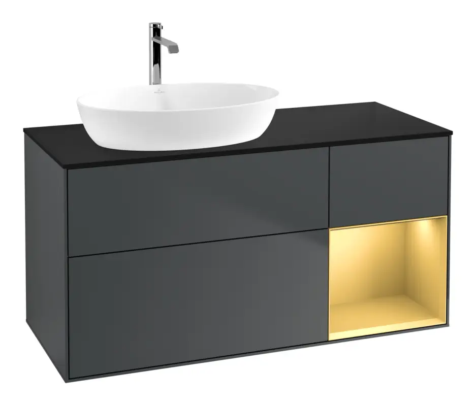 Abverkauf Villeroy & Boch Finion Waschbeckenunterschrank für Becken links Regal rechts für Artis / Collaro 3 Auszüge mit Beleuchtung (1x LED) ohne Hahnloch 1200 x 603 x 501 mm - Midnight Blue Matt Lacquer / Gold Matt Lacquer / Glass Black Matt