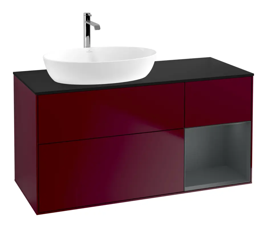 Neuheit Villeroy & Boch Finion Waschbeckenunterschrank für Becken links Regal rechts für Artis / Collaro 3 Auszüge mit Beleuchtung (1x LED) ohne Hahnloch 1200 x 603 x 501 mm - Peony Matt Lacquer / Midnight Blue Matt Lacquer / Glass Black Matt