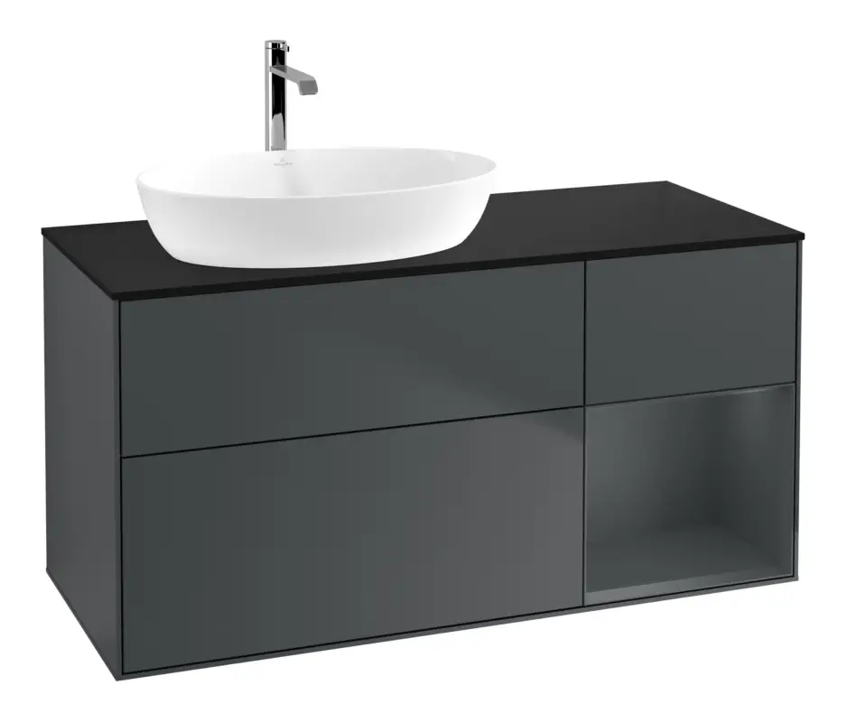 Villeroy & Boch Finion Waschbeckenunterschrank für Becken links Regal rechts für Artis / Collaro 3 Auszüge mit Beleuchtung (1x LED) ohne Hahnloch 1200 x 603 x 501 mm - Midnight Blue Matt Lacquer / Glass Black Matt Sofort Bestellen