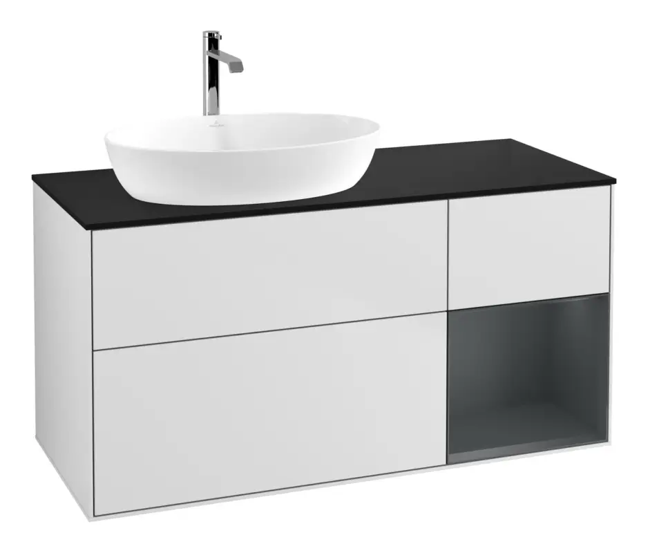Villeroy & Boch Finion Waschbeckenunterschrank für Becken links Regal rechts für Artis / Collaro 3 Auszüge mit Beleuchtung (1x LED) ohne Hahnloch 1200 x 603 x 501 mm - White Matt Lacquer / Midnight Blue Matt Lacquer / Glass Black Matt Super-Preis