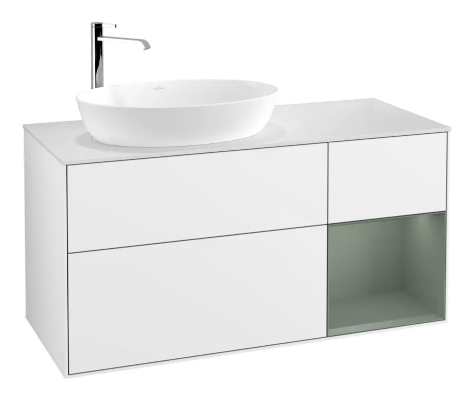 Top-Preis Villeroy & Boch Finion Waschbeckenunterschrank für Becken links Regal rechts für Artis / Collaro rund 3 Auszüge mit Beleuchtung (1x LED) 1200 x 603 x 501 mm - Glossy White Lacquer / Olive Matt Lacquer / Glass White Matt