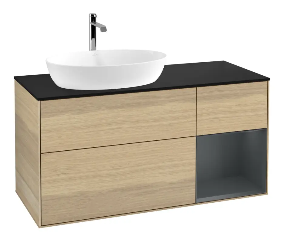 Villeroy & Boch Finion Waschbeckenunterschrank für Becken links Regal rechts für Artis / Collaro 3 Auszüge mit Beleuchtung (1x LED) ohne Hahnloch 1200 x 603 x 501 mm - Oak Veneer / Midnight Blue Matt Lacquer / Glass Black Matt Neu Im Sortiment