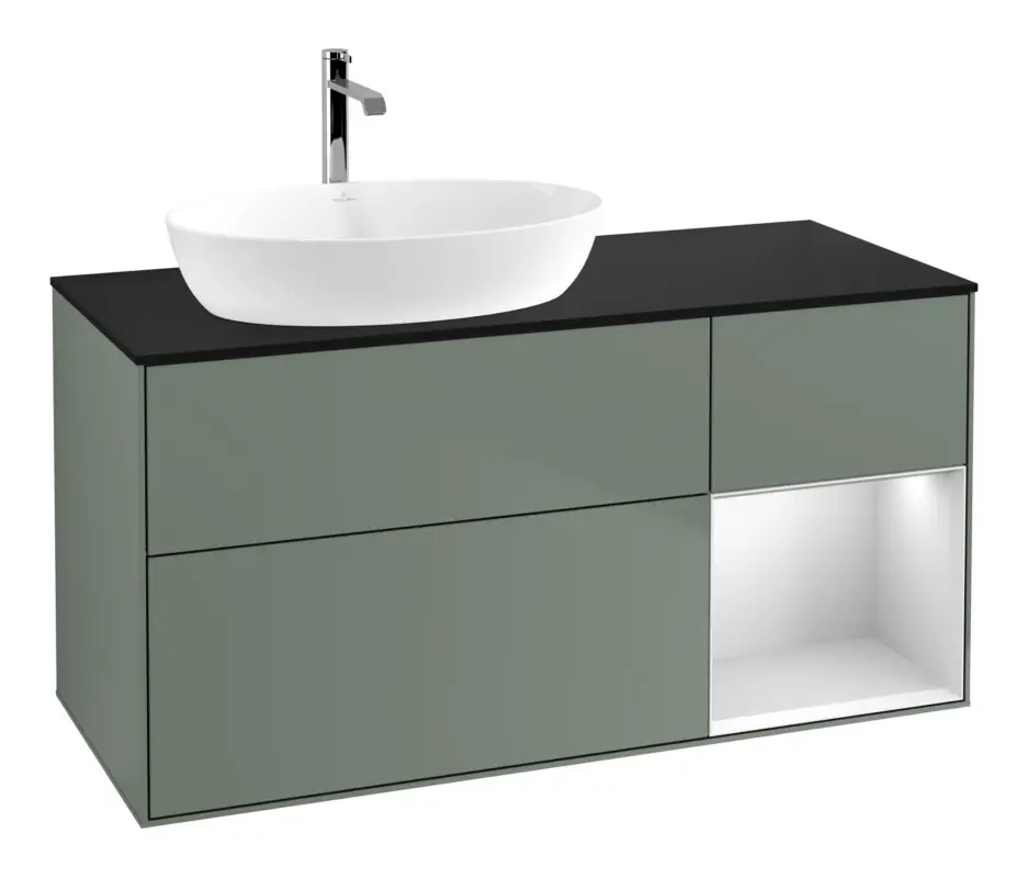 Top-Preis Villeroy & Boch Finion Waschbeckenunterschrank für Becken links Regal rechts für Artis / Collaro 3 Auszüge mit Beleuchtung (1x LED) ohne Hahnloch 1200 x 603 x 501 mm - Olive Matt Lacquer / White Matt Lacquer / Glass Black Matt